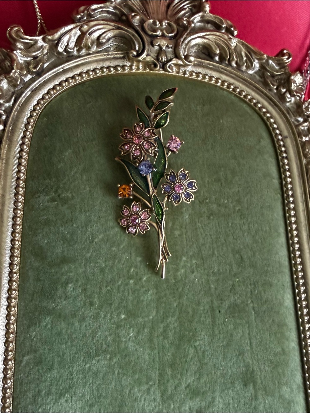 Vintage Rhinestone & Enamel Floral Bouquet Brooch Pin Crown Trifari MCM Boho
